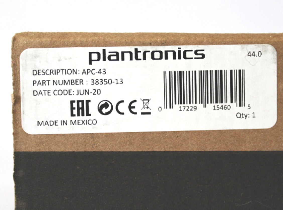 Retail box label for Plantronics (Poly) APC-43 Electronic Hook Switch showing barcode and part number 38350-13