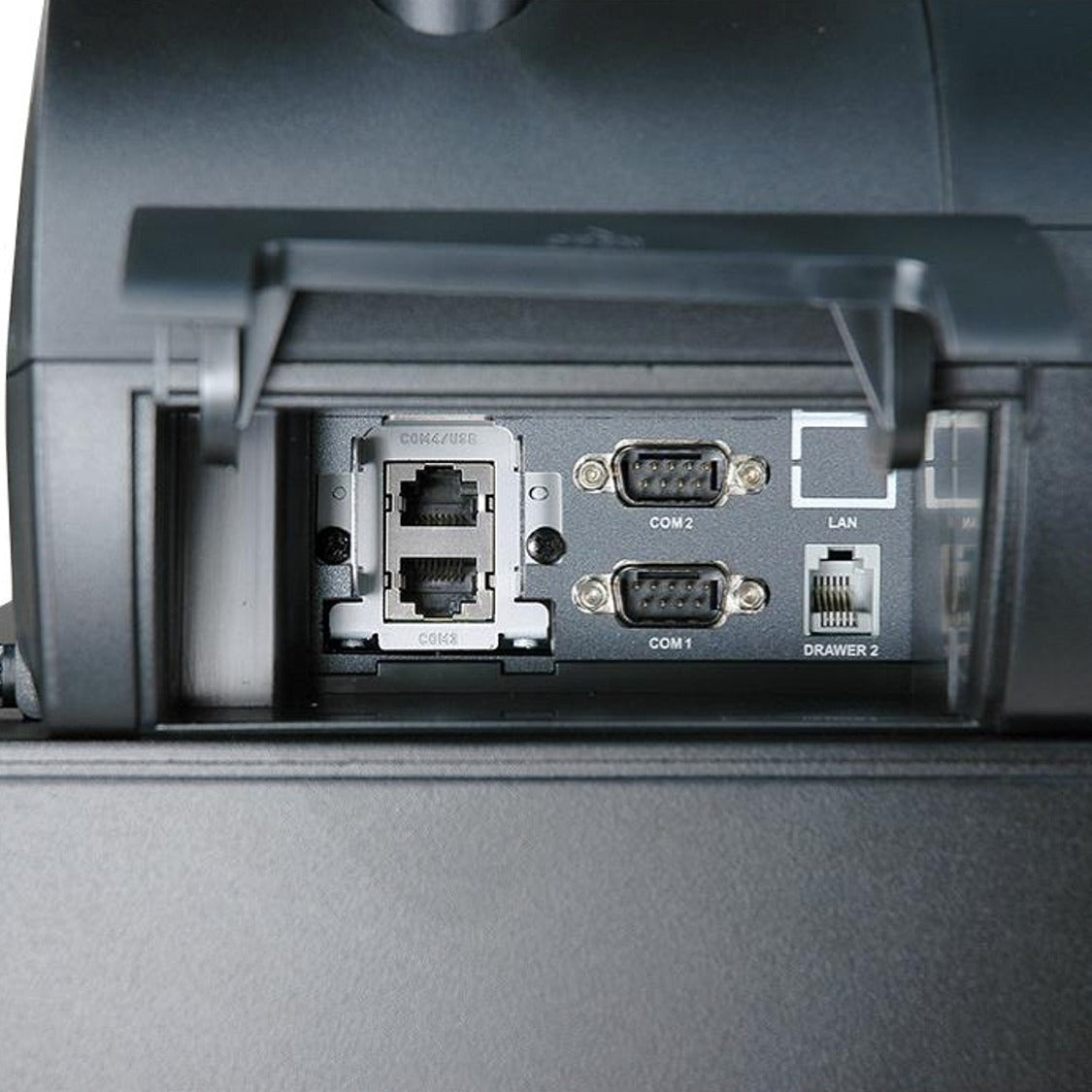 Back panel of the Sam4s ER-915 Cash Register, showing ports for Ethernet, Com1 and Com2, and second cash drawer