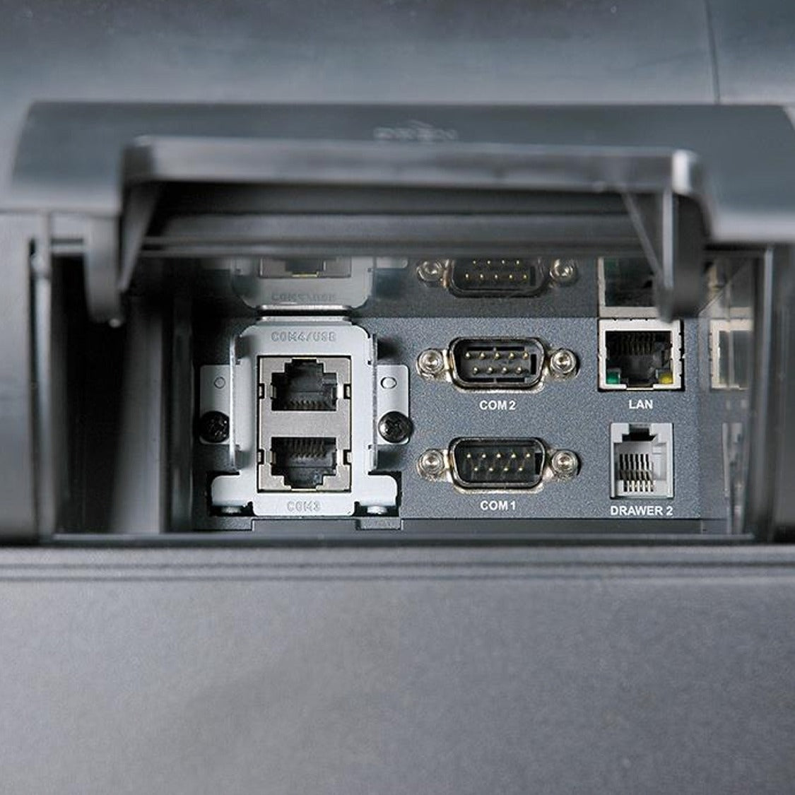 Picture shows communication ports at the back of the cash register